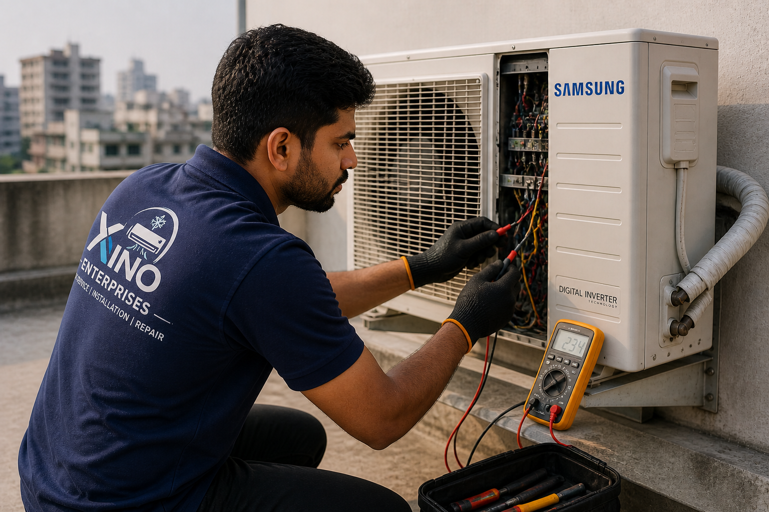Technician testing outdoor AC unit with a multimeter