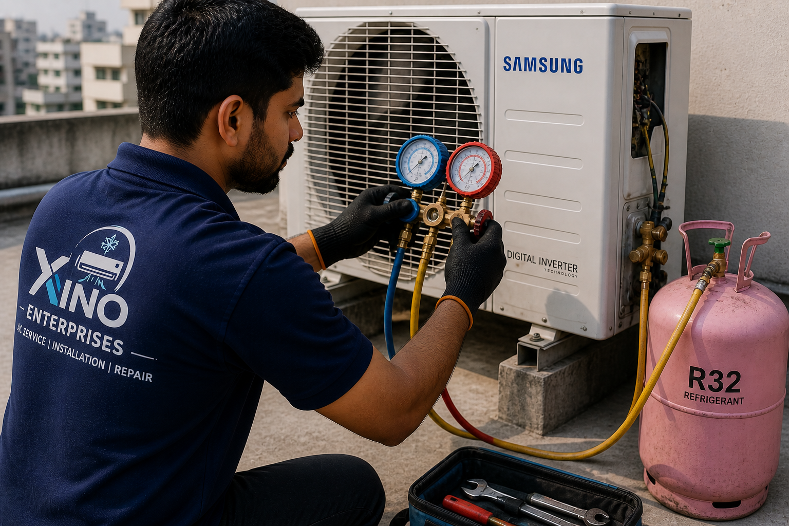 Technician using gauges for AC gas filling