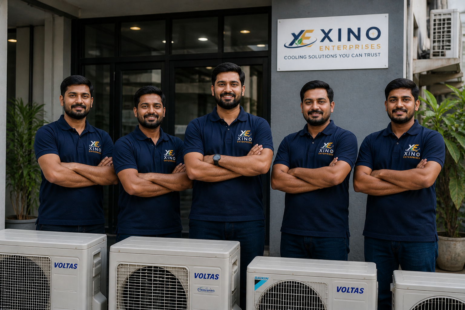 Xino technician inspecting an outdoor AC unit in Gorakhpur