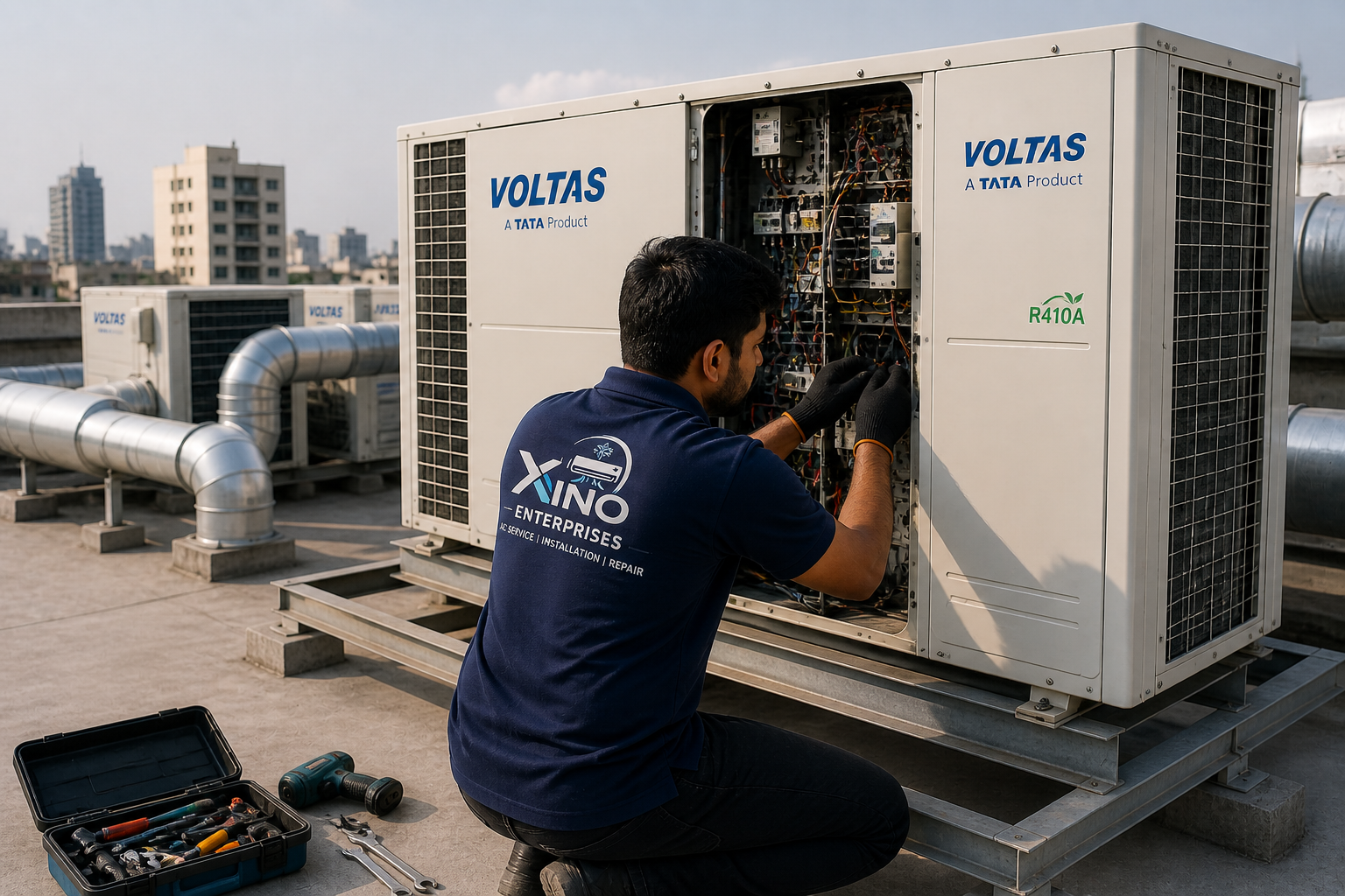 Technician reviewing central AC equipment on a rooftop