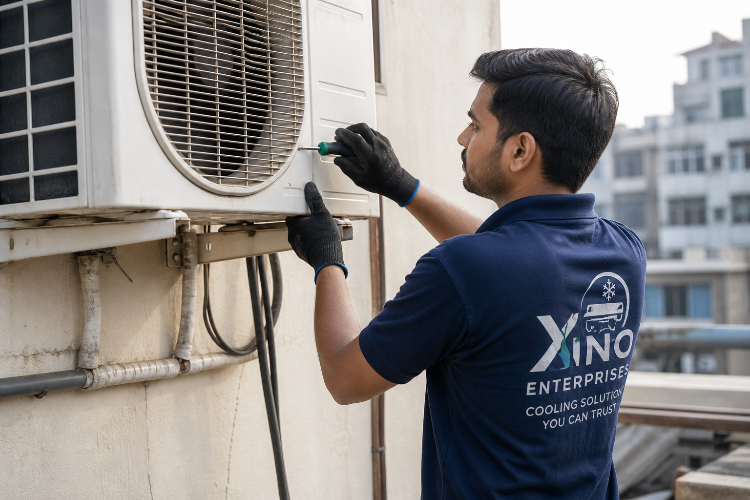 Technician inspecting outdoor unit