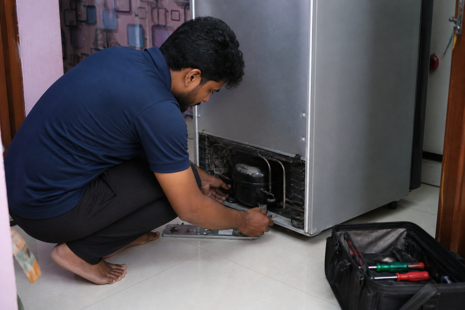 Technician checking a refrigerator service issue