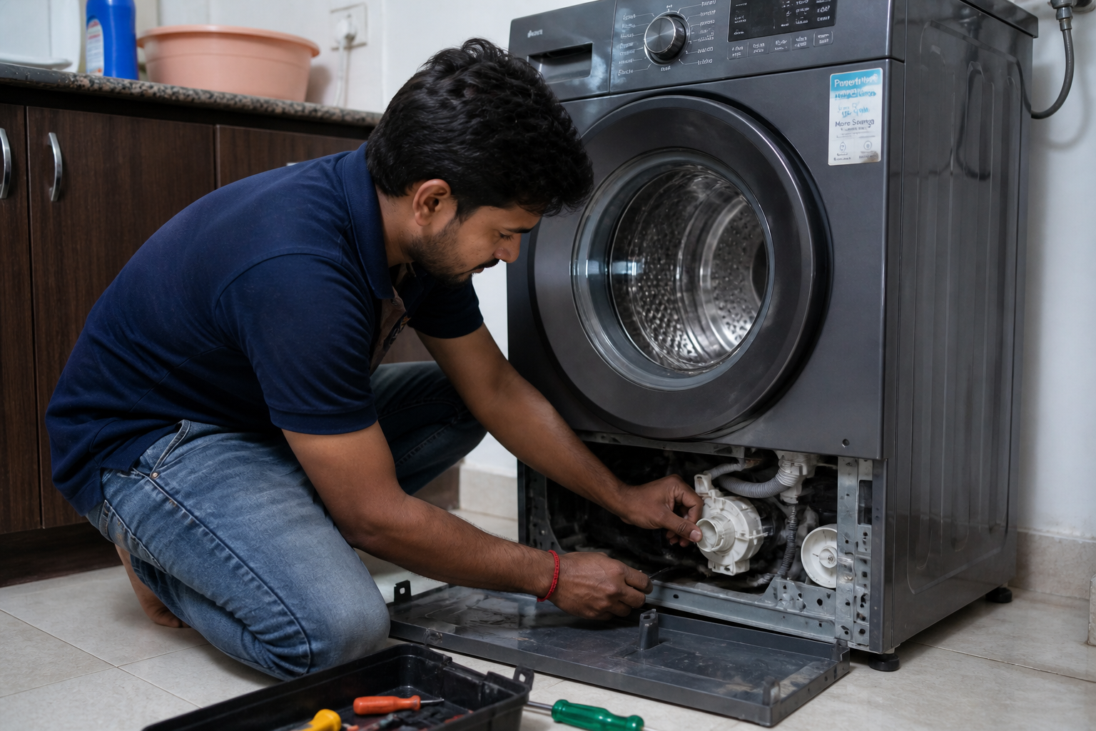 Technician handling washing machine service visit